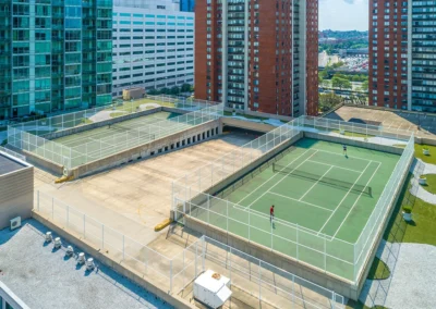 Aerial view of the rooftop tennis courts at Newport Swim and Fitness.